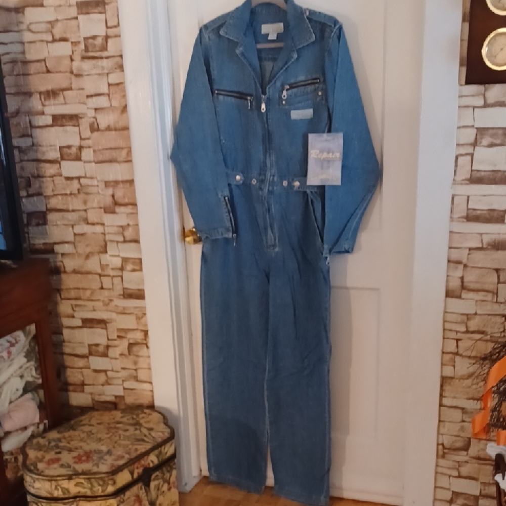 Denim Jumpsuit with Zipper Details 1970's Jean Jumpsuit, New Vintage
